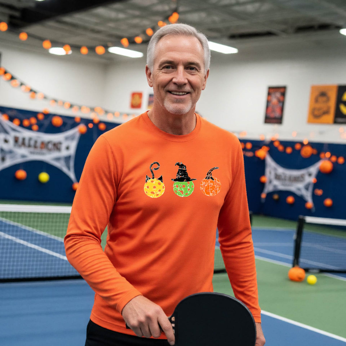 Mens Funny Halloween Pickleball Shirt Spooky Pickleball Long-Sleeve T-Shirt Moisture-Wicking Gift for Pickleball Players