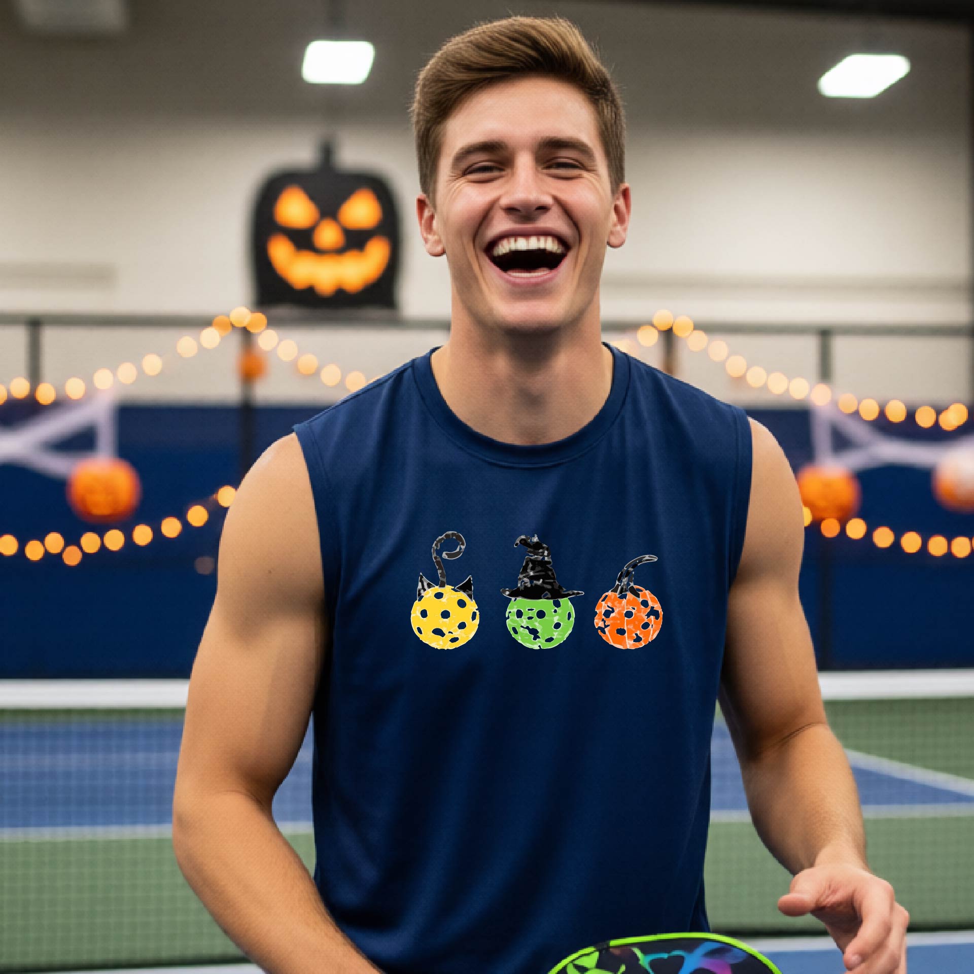 Mens Funny Halloween Pickleball Shirt Spooky Pickleball Sleeveless T-Shirt Moisture-Wicking Gift for Pickleball Players