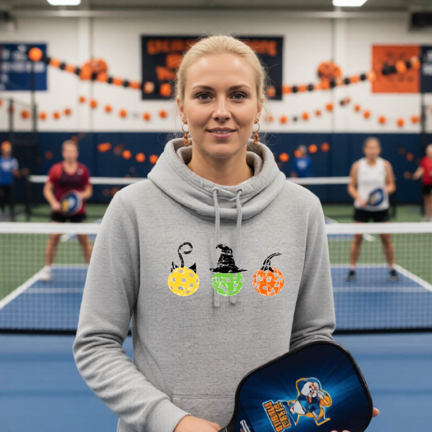 A woman on a pickleball court wearing a light gray cowl-neck hoodie with three colorful pickleball pumpkin graphics on the chest. The background shows other players and orange Halloween decorations.