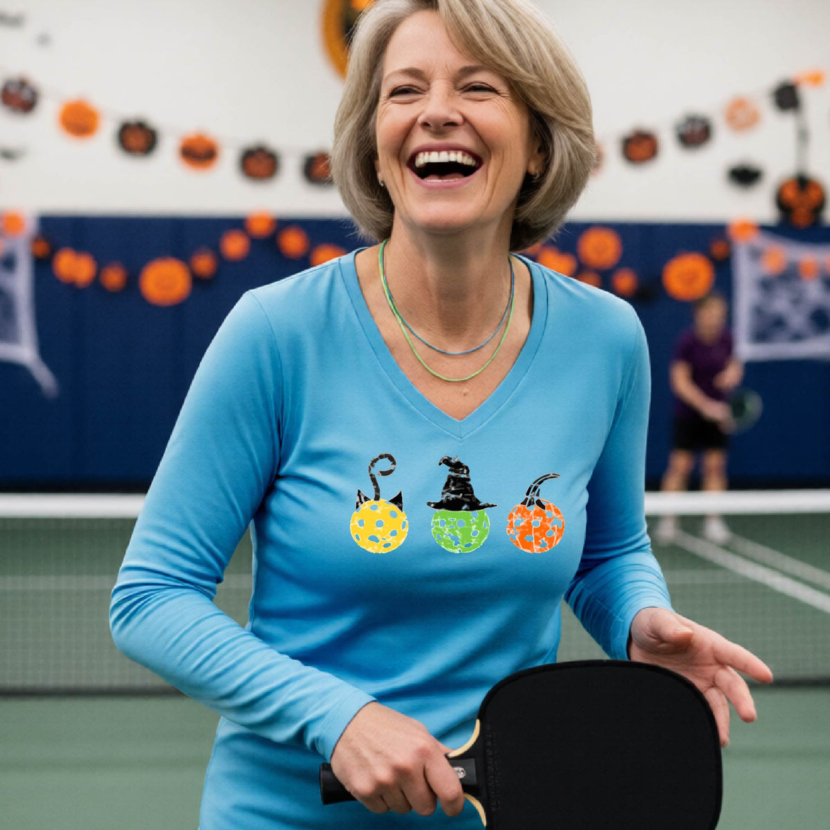 Halloween Shirt for Womens Pickleball Players Funny Pickleball Long-Sleeve T-Shirt Spooky Season Moisture-Wicking