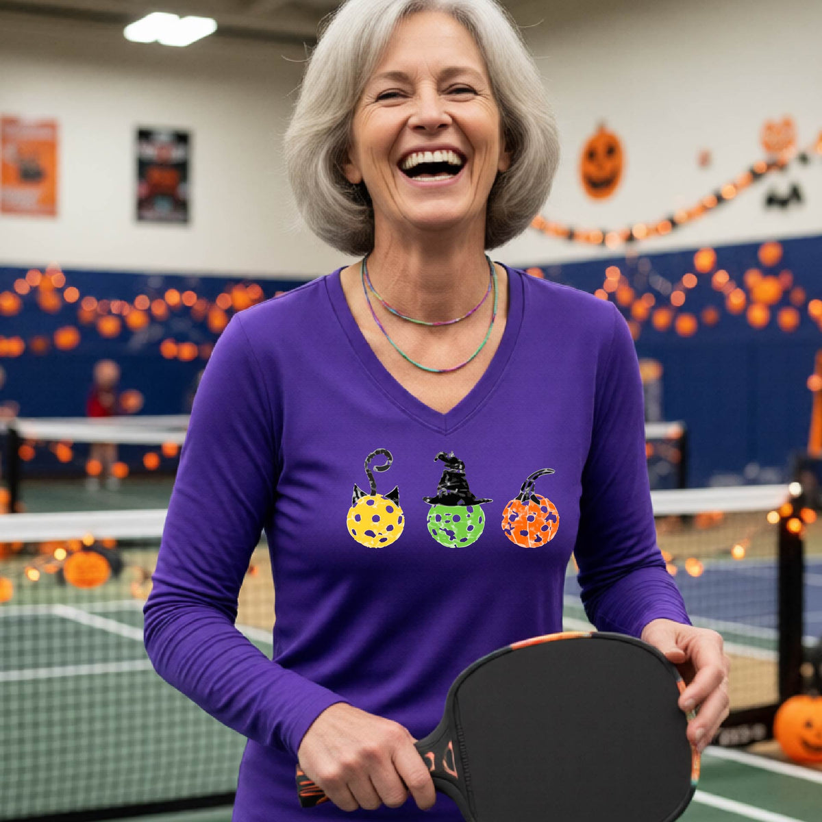 Halloween Shirt for Womens Pickleball Players Funny Pickleball Long-Sleeve T-Shirt Spooky Season Moisture-Wicking