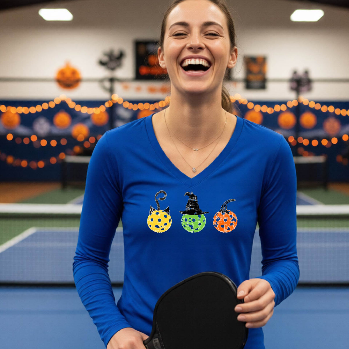 Halloween Shirt for Womens Pickleball Players Funny Pickleball Long-Sleeve T-Shirt Spooky Season Moisture-Wicking