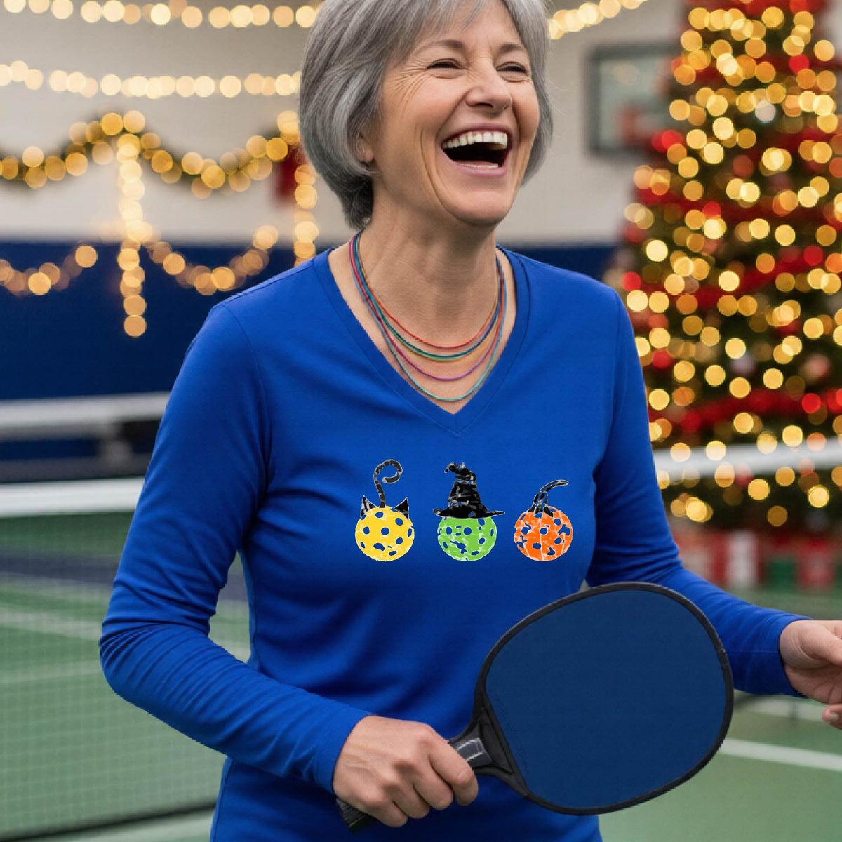 Halloween Shirt for Womens Pickleball Players Funny Pickleball Long-Sleeve T-Shirt Spooky Season Moisture-Wicking