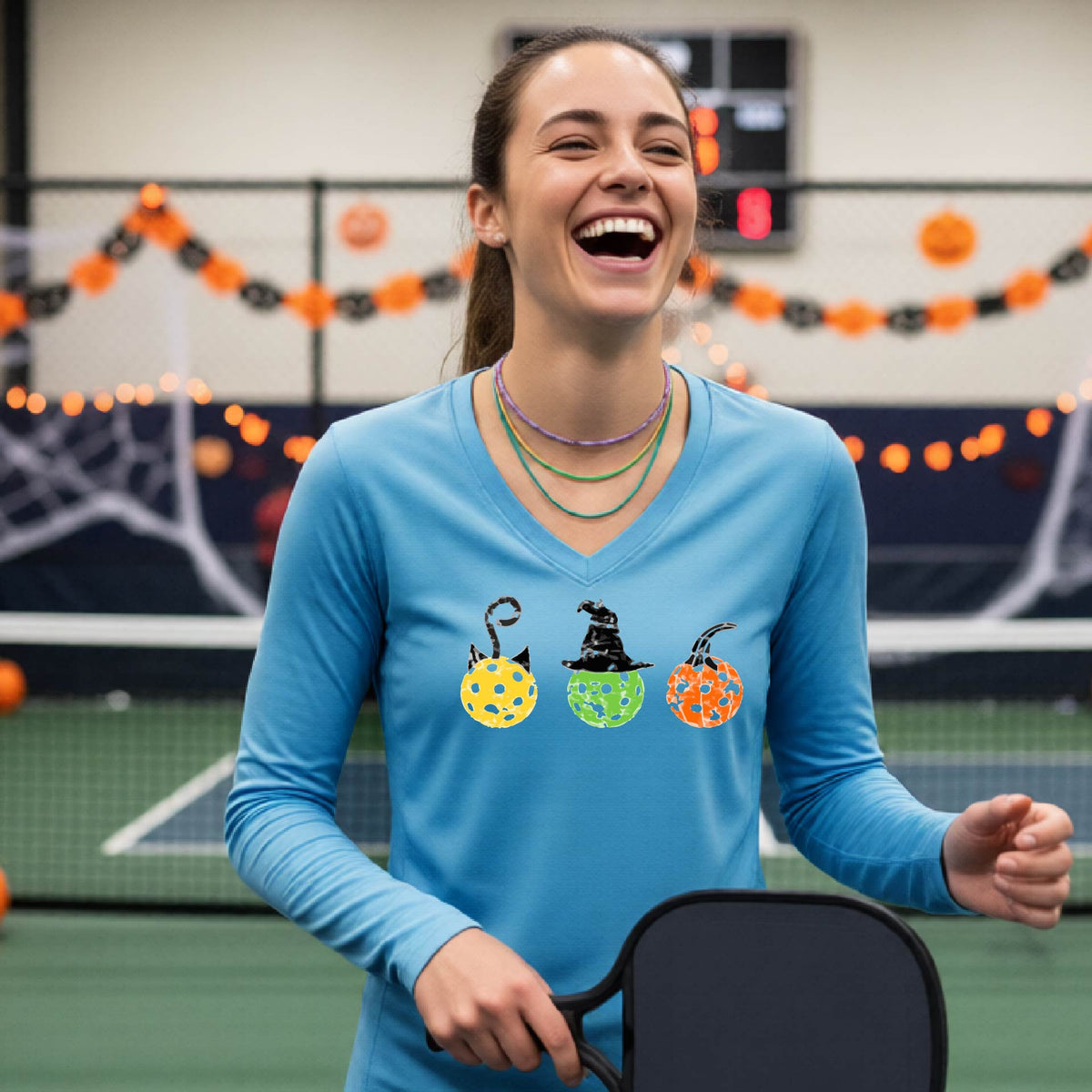 Halloween Shirt for Womens Pickleball Players Funny Pickleball Long-Sleeve T-Shirt Spooky Season Moisture-Wicking