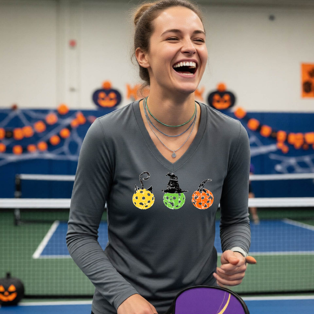 Halloween Shirt for Womens Pickleball Players Funny Pickleball Long-Sleeve T-Shirt Spooky Season Moisture-Wicking