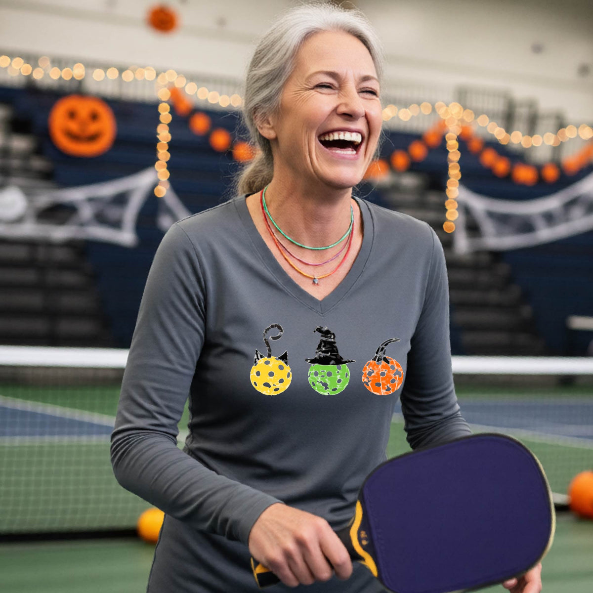 Halloween Shirt for Womens Pickleball Players Funny Pickleball Long-Sleeve T-Shirt Spooky Season Moisture-Wicking