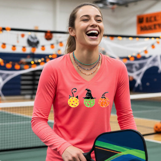 Halloween Shirt for Womens Pickleball Players Funny Pickleball Long-Sleeve T-Shirt Spooky Season Moisture-Wicking