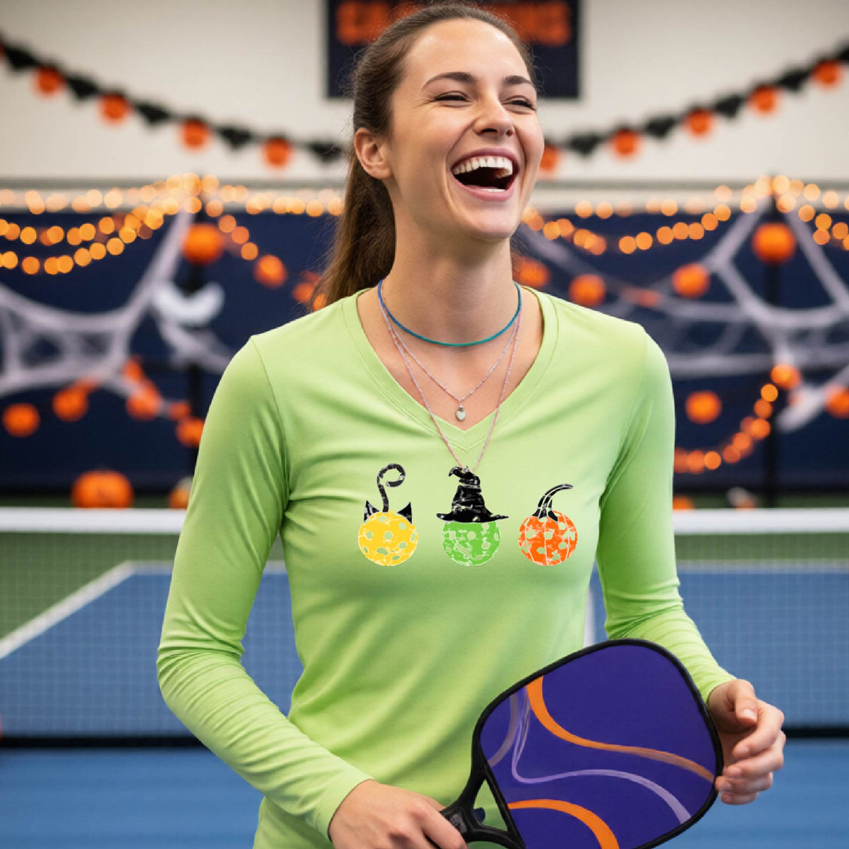 Halloween Shirt for Womens Pickleball Players Funny Pickleball Long-Sleeve T-Shirt Spooky Season Moisture-Wicking