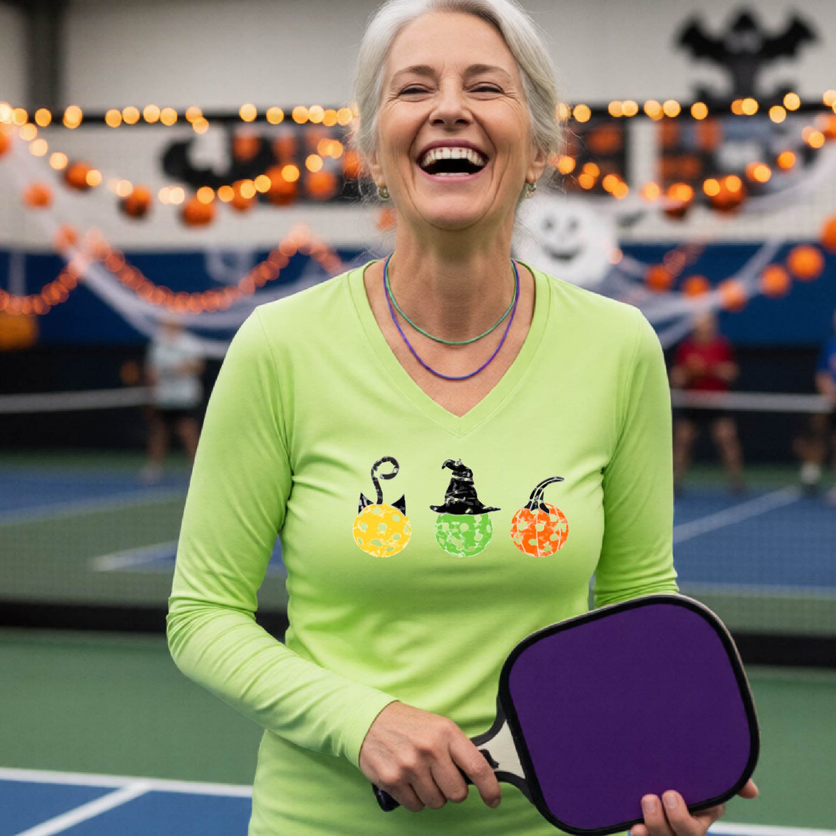 Halloween Shirt for Womens Pickleball Players Funny Pickleball Long-Sleeve T-Shirt Spooky Season Moisture-Wicking