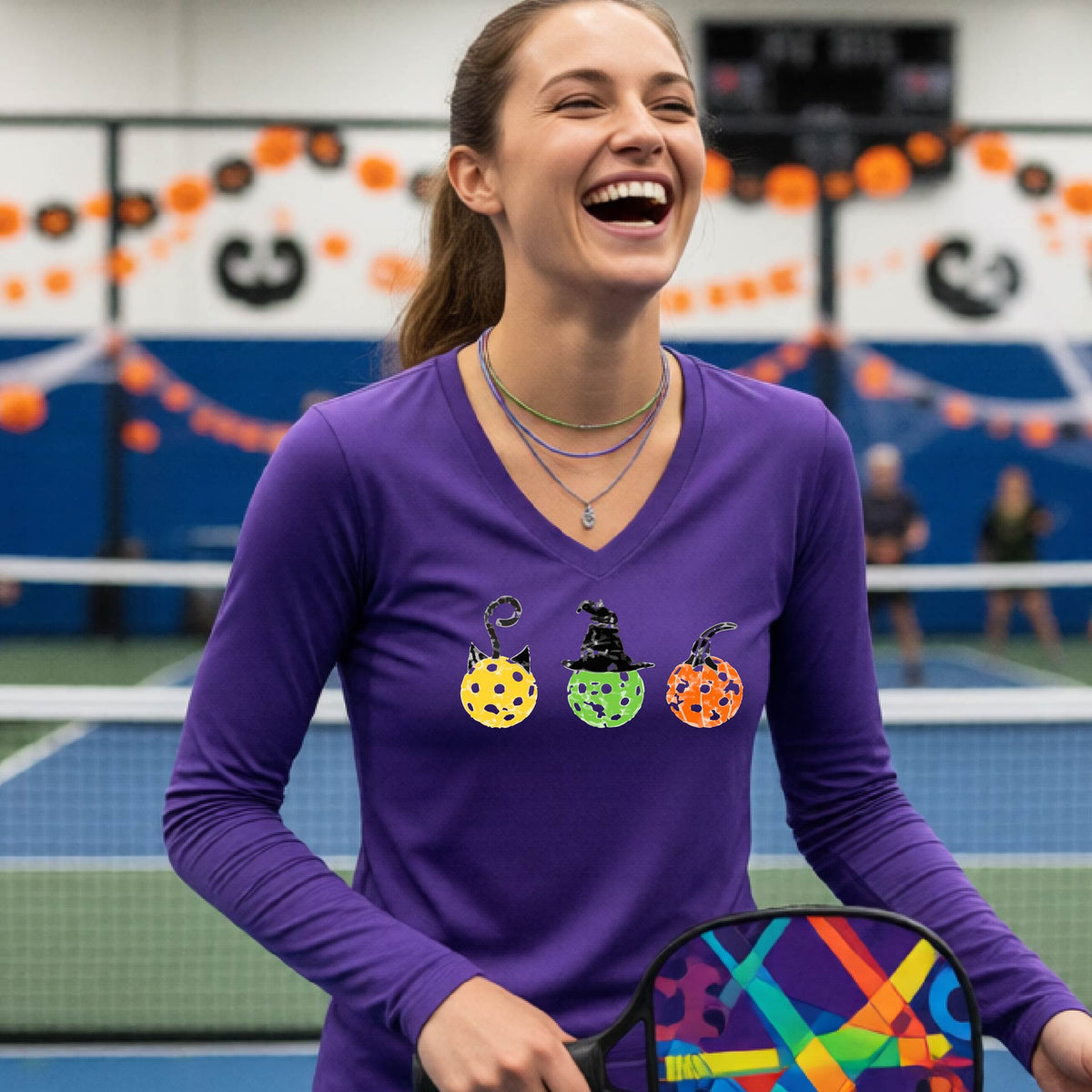 Halloween Shirt for Womens Pickleball Players Funny Pickleball Long-Sleeve T-Shirt Spooky Season Moisture-Wicking