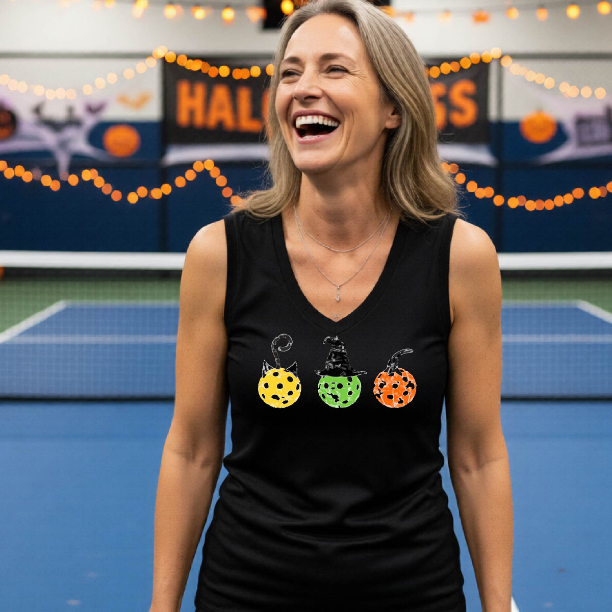 Womens Halloween Pickleball Shirt Funny Pickleball Performance Sleeveless T-Shirt Spooky Season Shirt Pickleball Gift