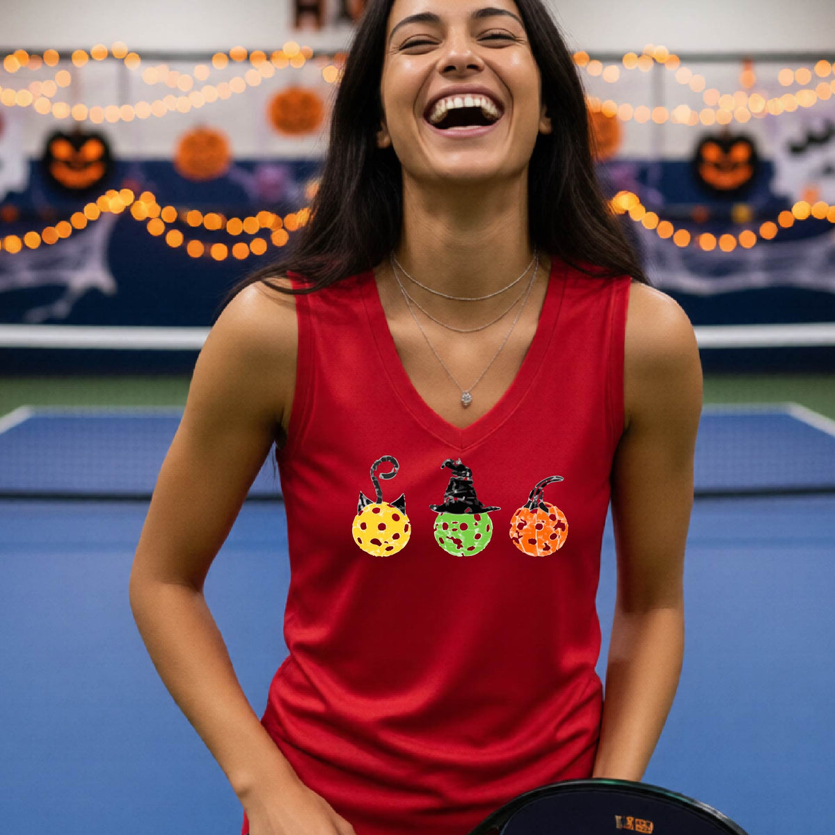 Womens Halloween Pickleball Shirt Funny Pickleball Performance Sleeveless T-Shirt Spooky Season Shirt Pickleball Gift