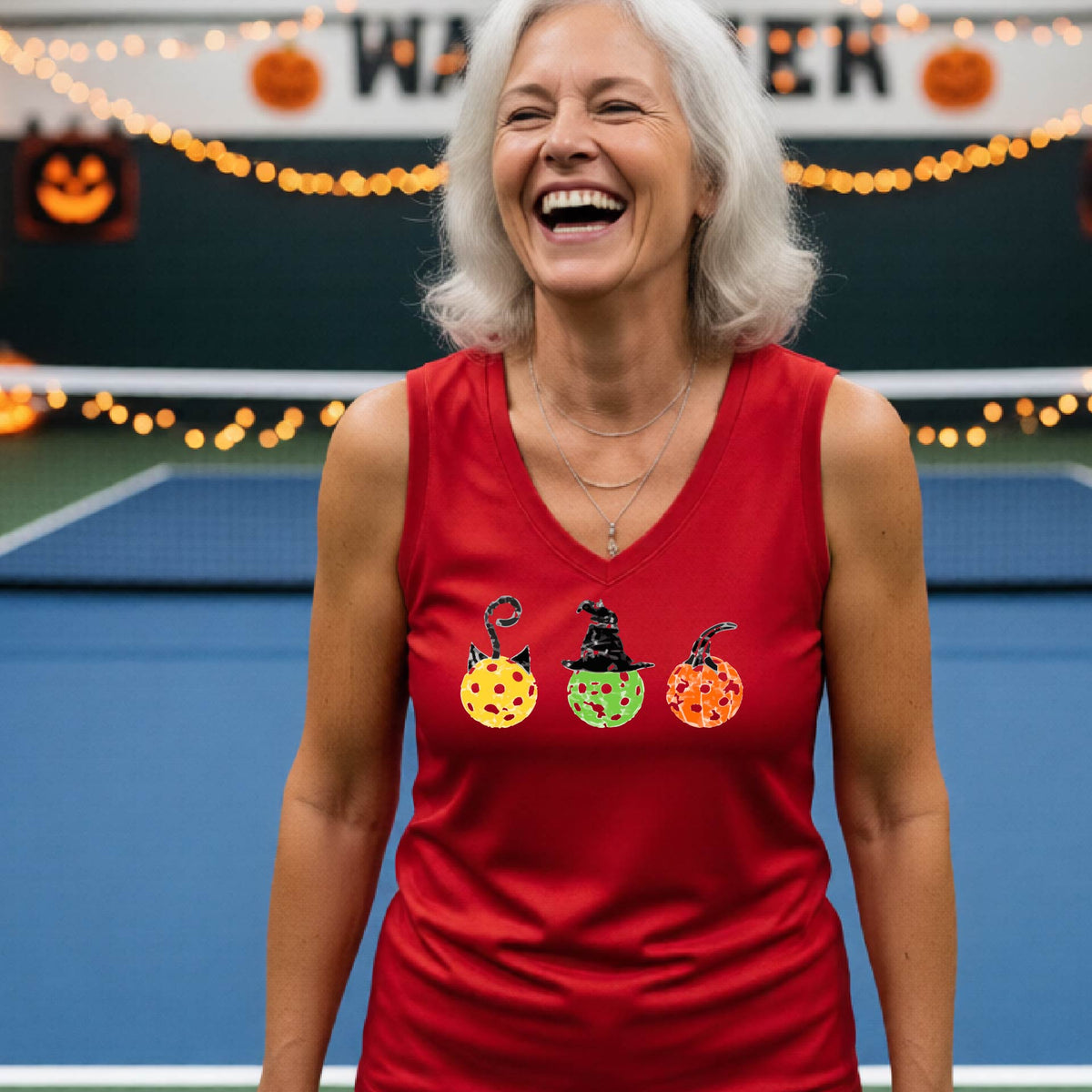 Womens Halloween Pickleball Shirt Funny Pickleball Performance Sleeveless T-Shirt Spooky Season Shirt Pickleball Gift