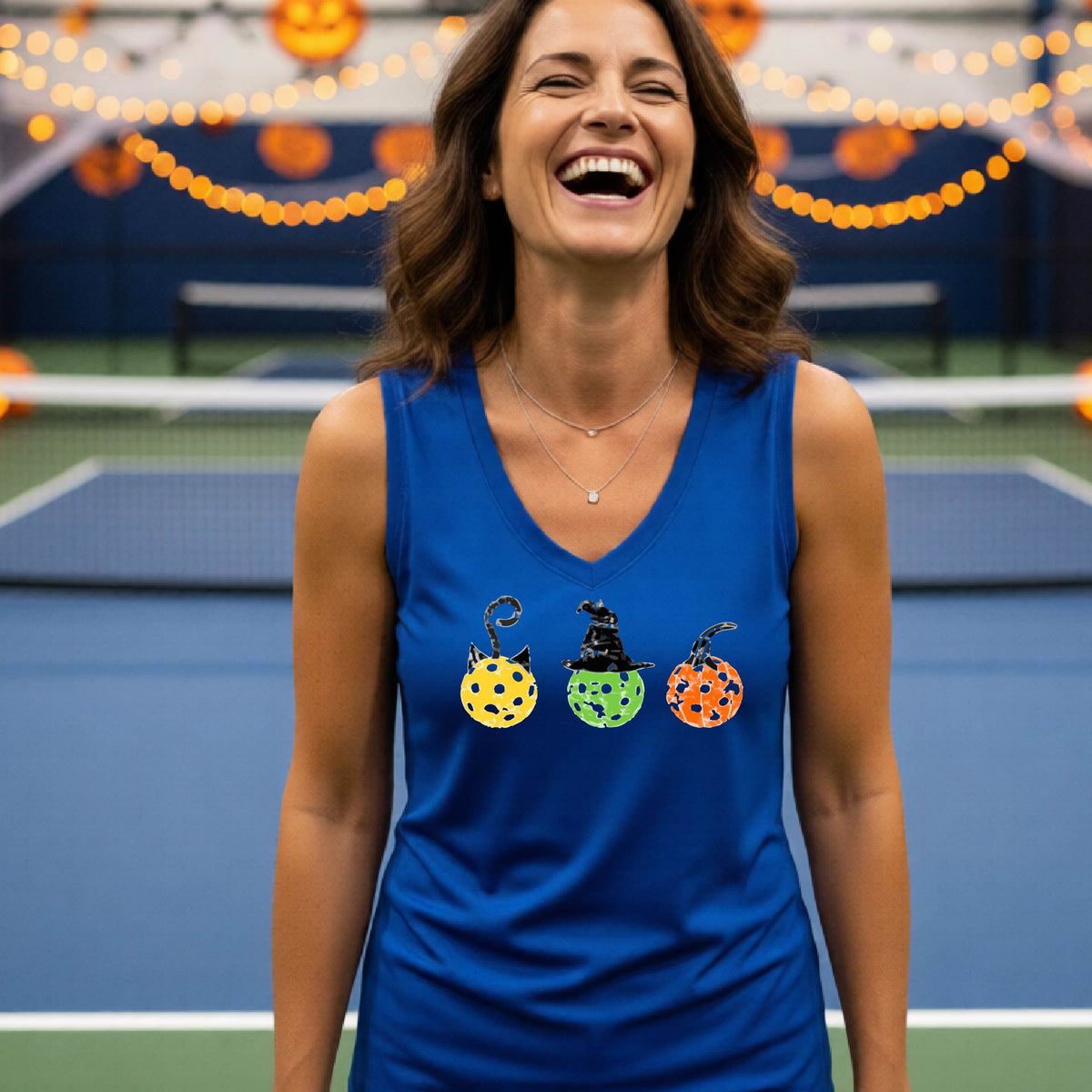 Womens Halloween Pickleball Shirt Funny Pickleball Performance Sleeveless T-Shirt Spooky Season Shirt Pickleball Gift