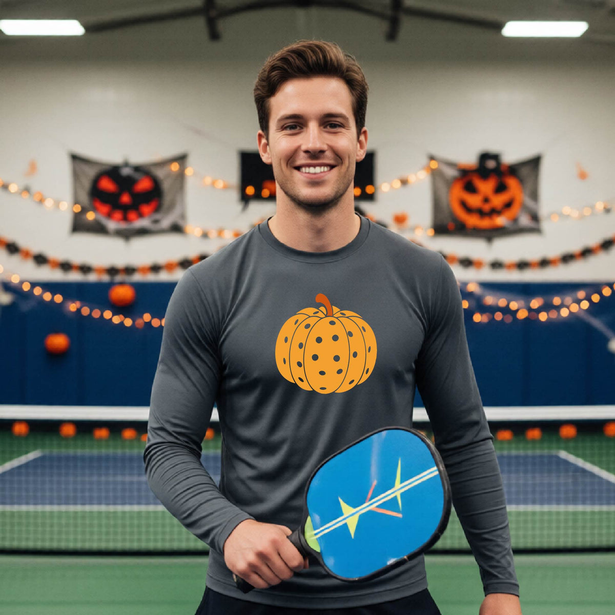 Halloween Shirt for Mens Pickleball Players Funny Long-Sleeve Pickleball T-Shirt Spooky Season Moisture-Wicking