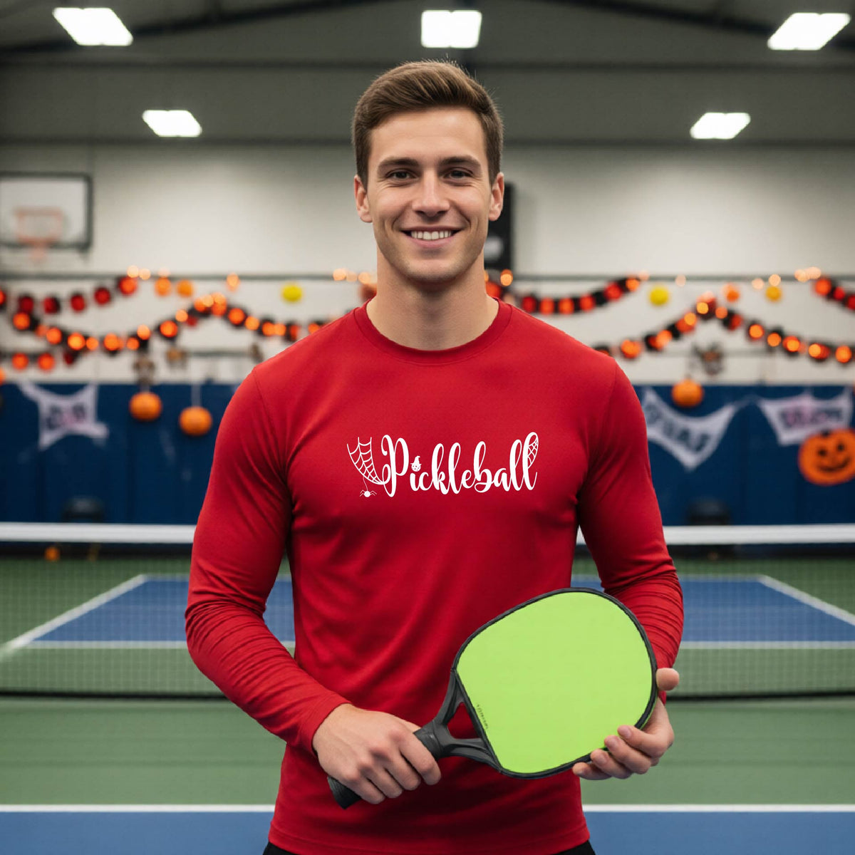 Mens Halloween Pickleball Shirt Funny Pickleball Performance Long-Sleeve T-Shirt Spooky Season Shirt Pickleball Gift