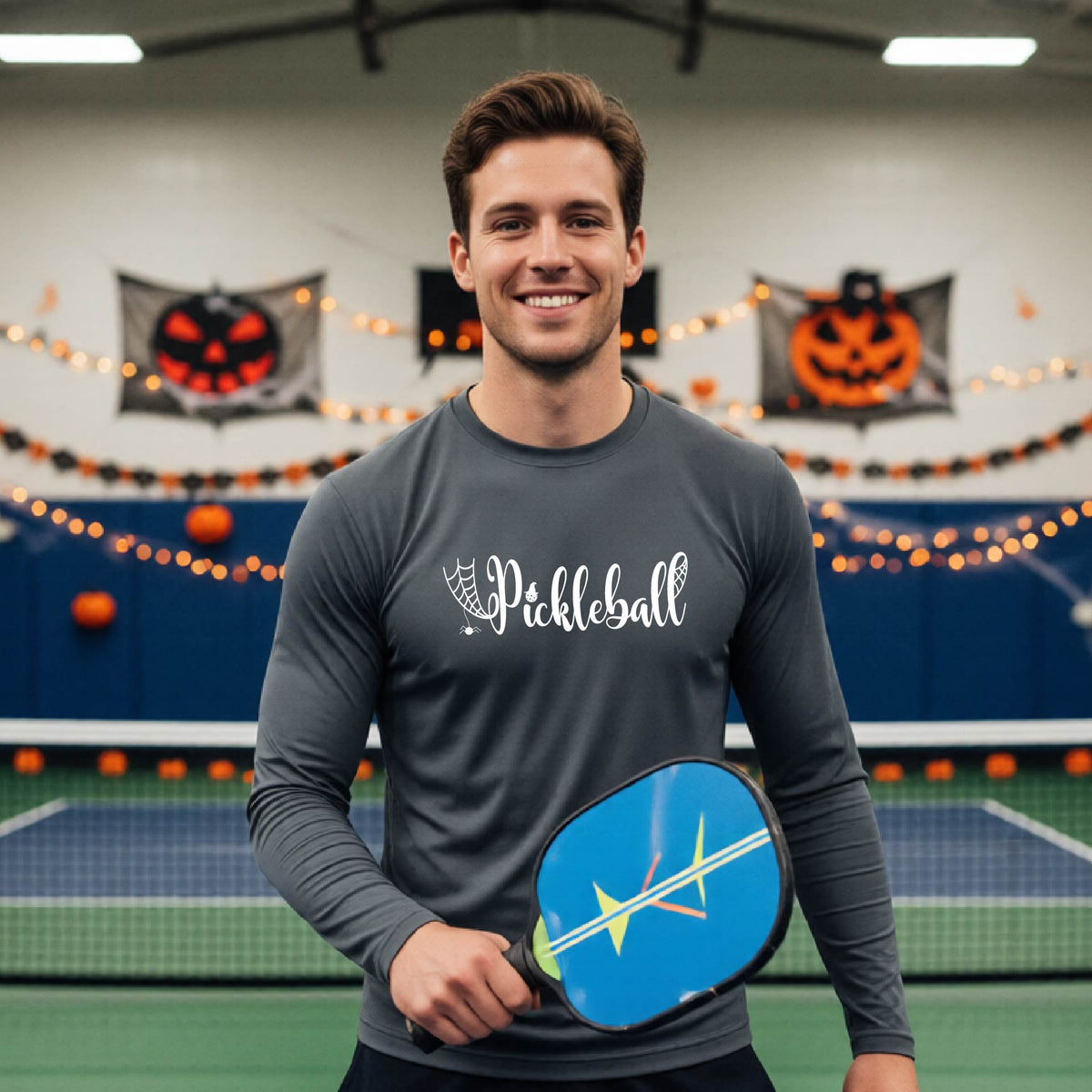 Mens Halloween Pickleball Shirt Funny Pickleball Performance Long-Sleeve T-Shirt Spooky Season Shirt Pickleball Gift