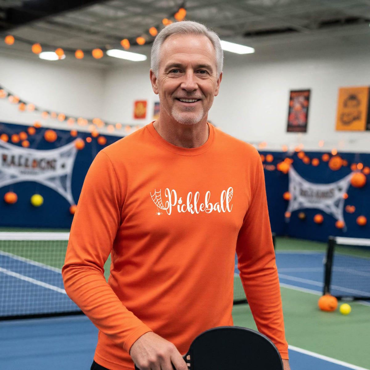 Mens Halloween Pickleball Shirt Funny Pickleball Performance Long-Sleeve T-Shirt Spooky Season Shirt Pickleball Gift