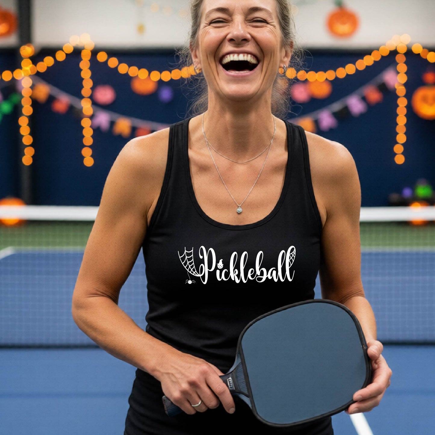 Womens Funny Halloween Pickleball Shirt Spooky Pickleball Racerback Tank T-Shirt Moisture-Wicking Gift for Pickleball Players