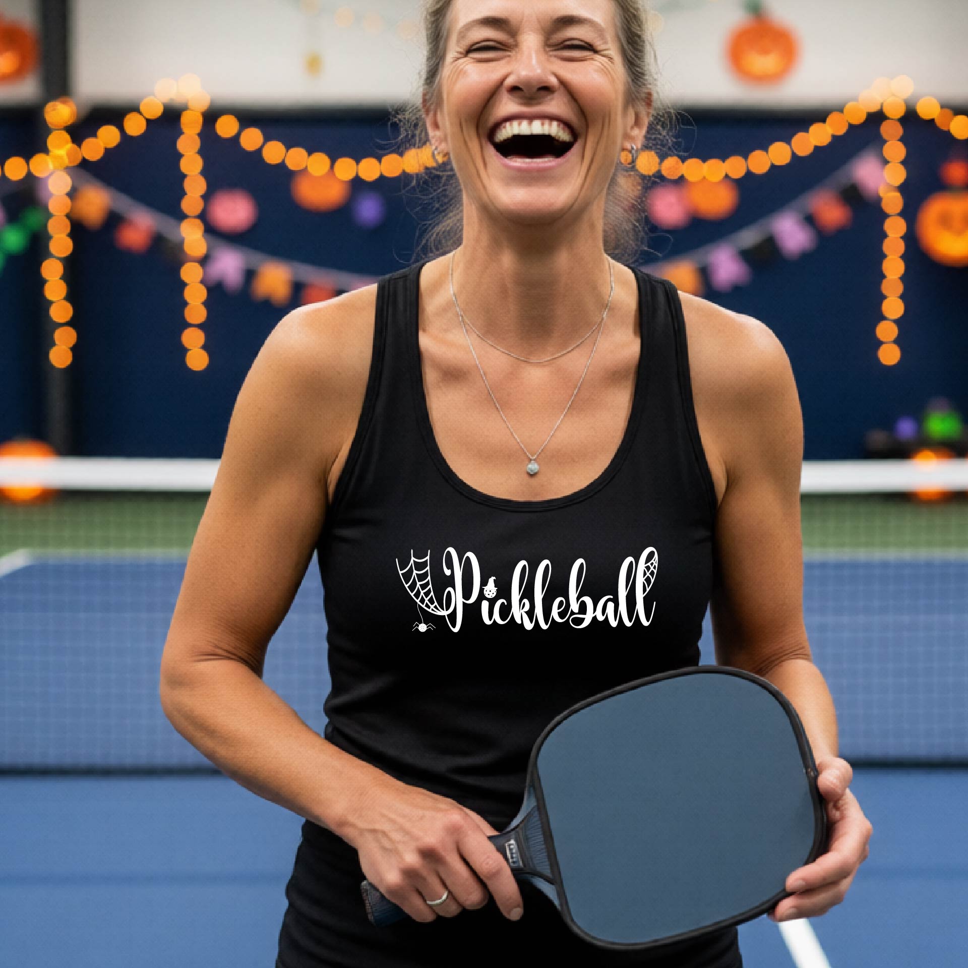 Womens Funny Halloween Pickleball Shirt Spooky Pickleball Racerback Tank T-Shirt Moisture-Wicking Gift for Pickleball Players