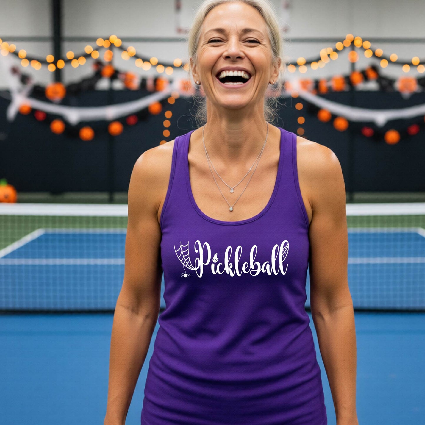 Womens Funny Halloween Pickleball Shirt Spooky Pickleball Racerback Tank T-Shirt Moisture-Wicking Gift for Pickleball Players