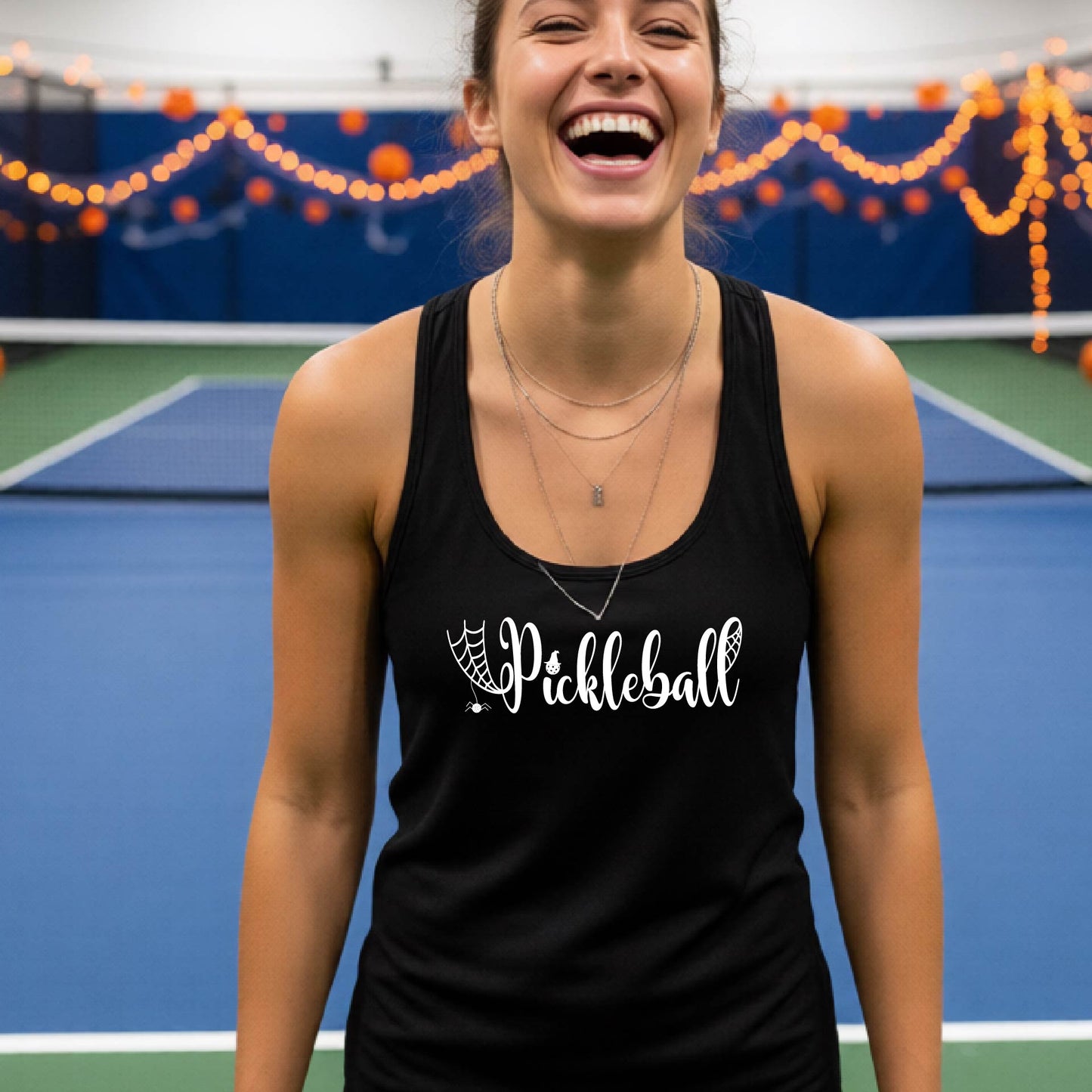 Womens Funny Halloween Pickleball Shirt Spooky Pickleball Racerback Tank T-Shirt Moisture-Wicking Gift for Pickleball Players