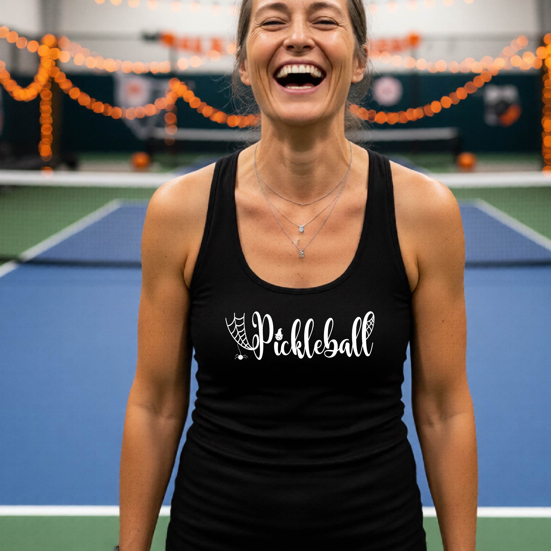 Womens Funny Halloween Pickleball Shirt Spooky Pickleball Racerback Tank T-Shirt Moisture-Wicking Gift for Pickleball Players