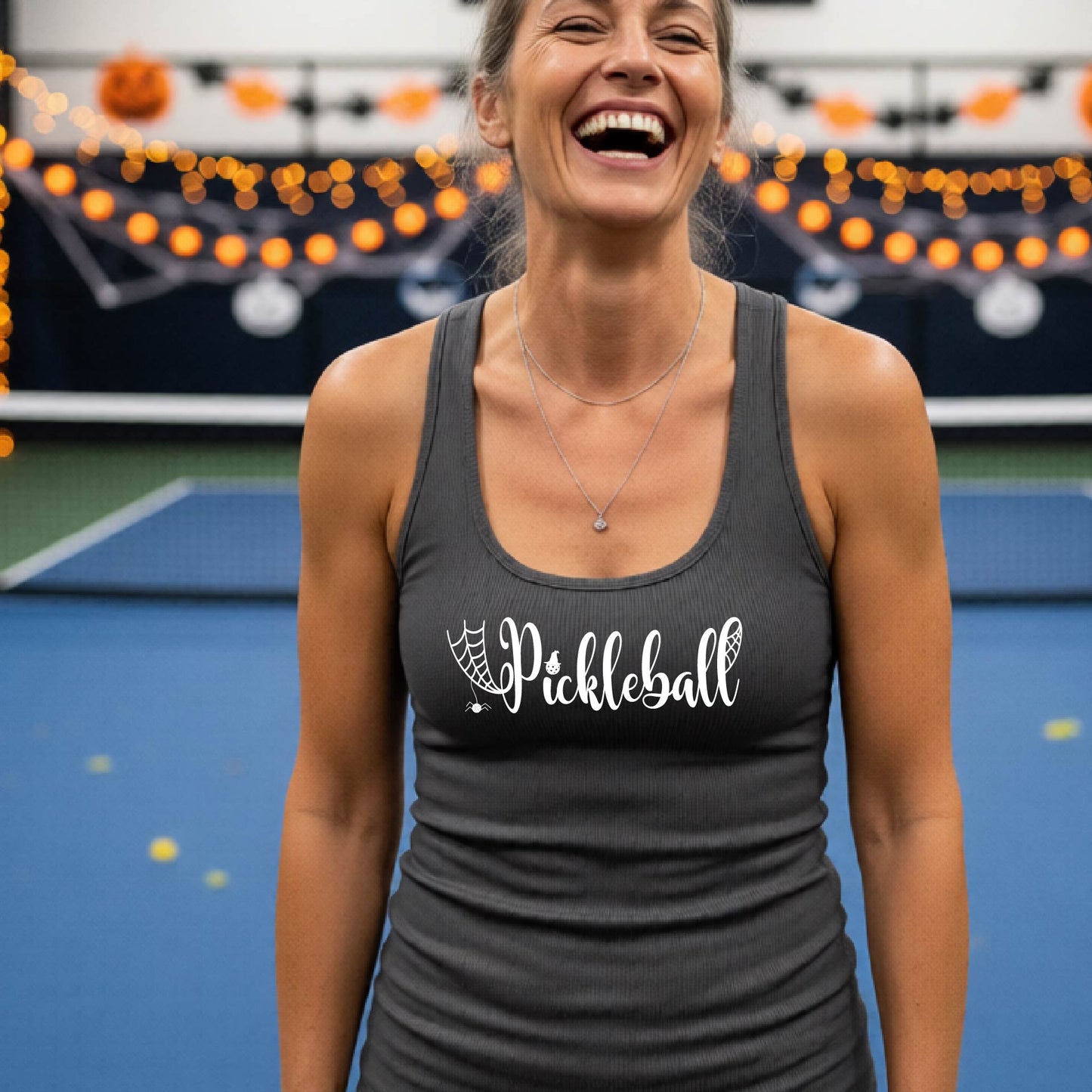 Womens Funny Halloween Pickleball Shirt Spooky Pickleball Racerback Tank T-Shirt Moisture-Wicking Gift for Pickleball Players