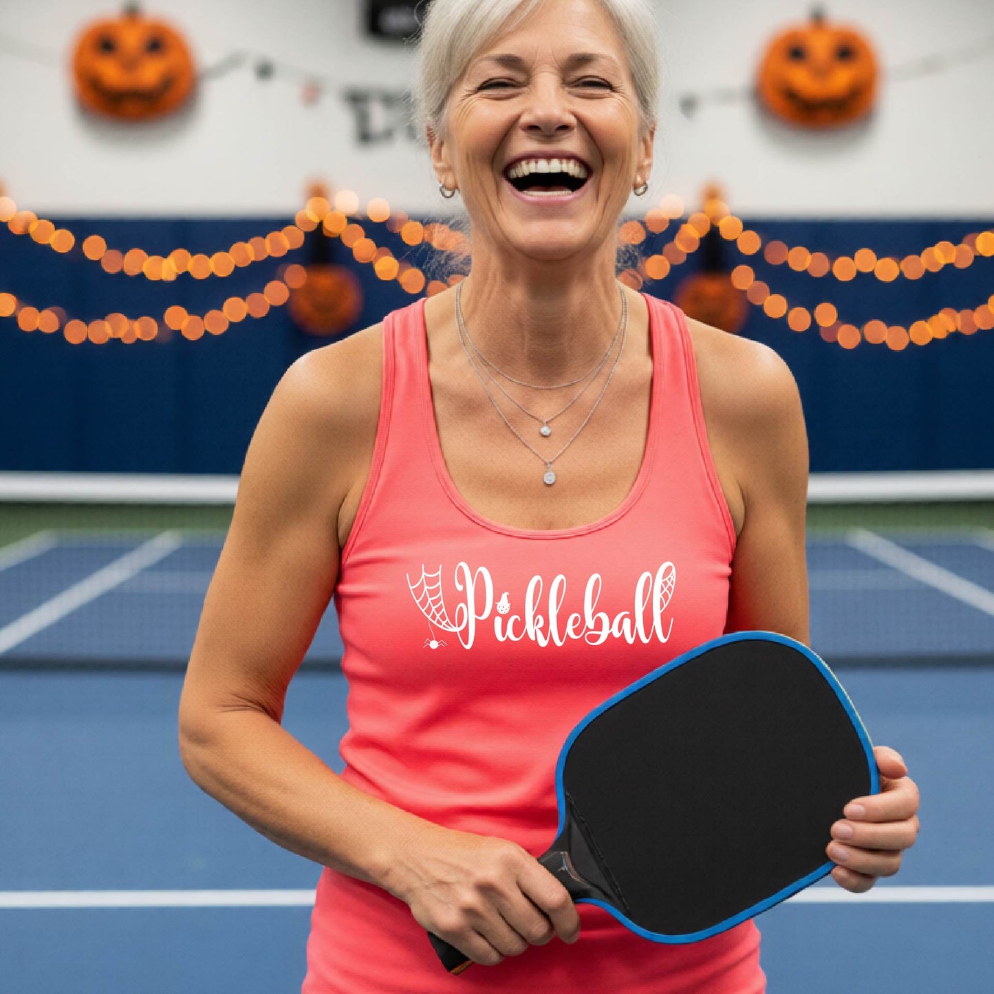 Womens Funny Halloween Pickleball Shirt Spooky Pickleball Racerback Tank T-Shirt Moisture-Wicking Gift for Pickleball Players