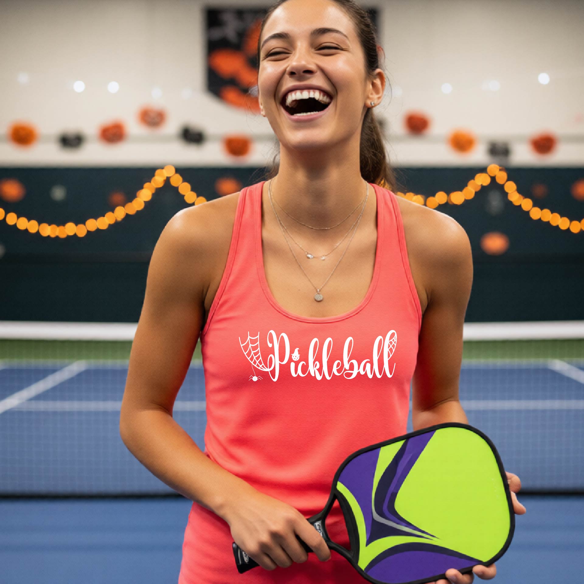 Womens Funny Halloween Pickleball Shirt Spooky Pickleball Racerback Tank T-Shirt Moisture-Wicking Gift for Pickleball Players