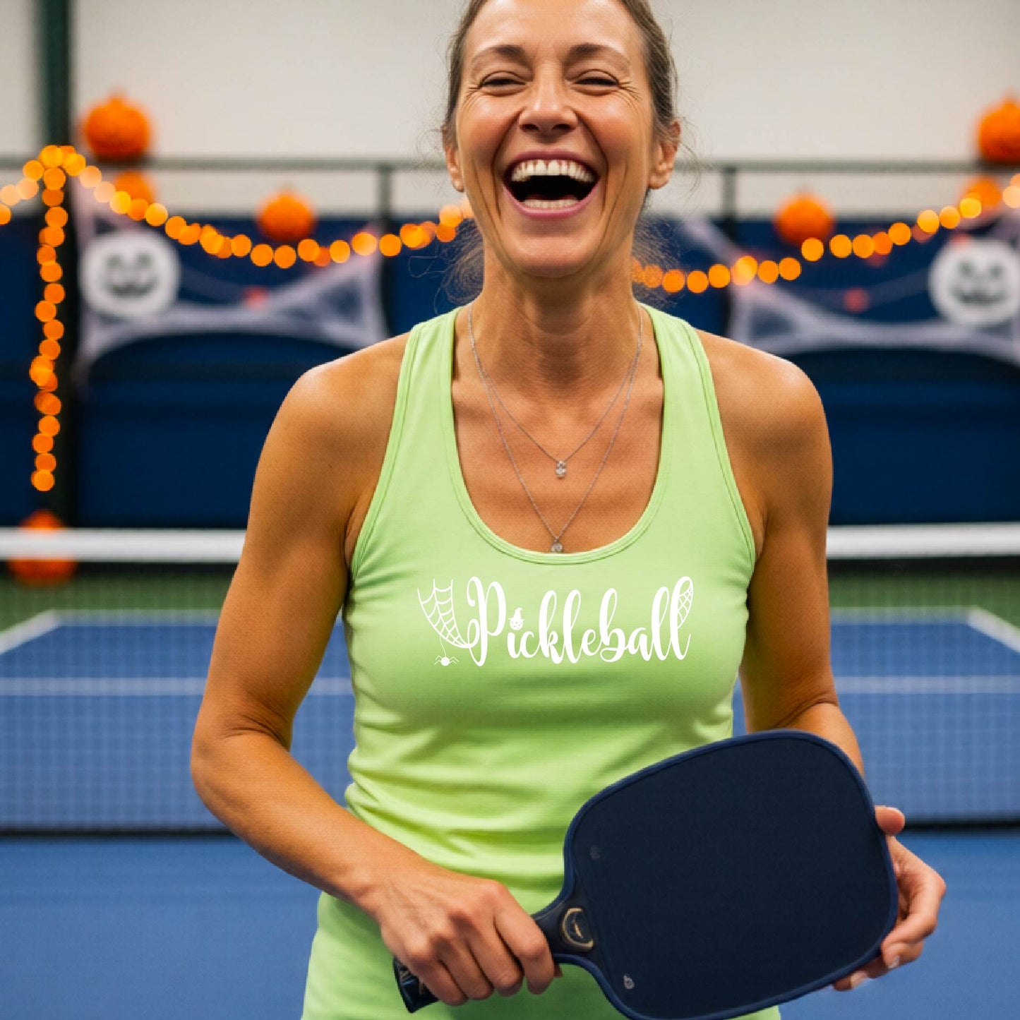 Womens Funny Halloween Pickleball Shirt Spooky Pickleball Racerback Tank T-Shirt Moisture-Wicking Gift for Pickleball Players