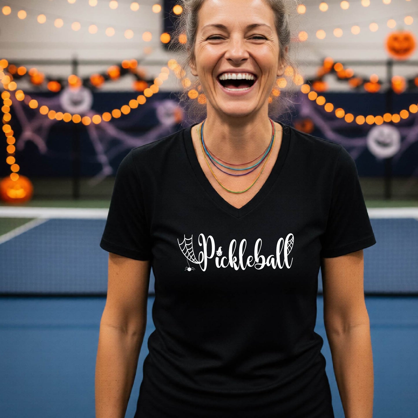 Halloween Womens Pickleball T-Shirt Funny Spooky Season Short-Sleeve V-Neck Shirt Pickleball Performance Gift Halloween Apparel