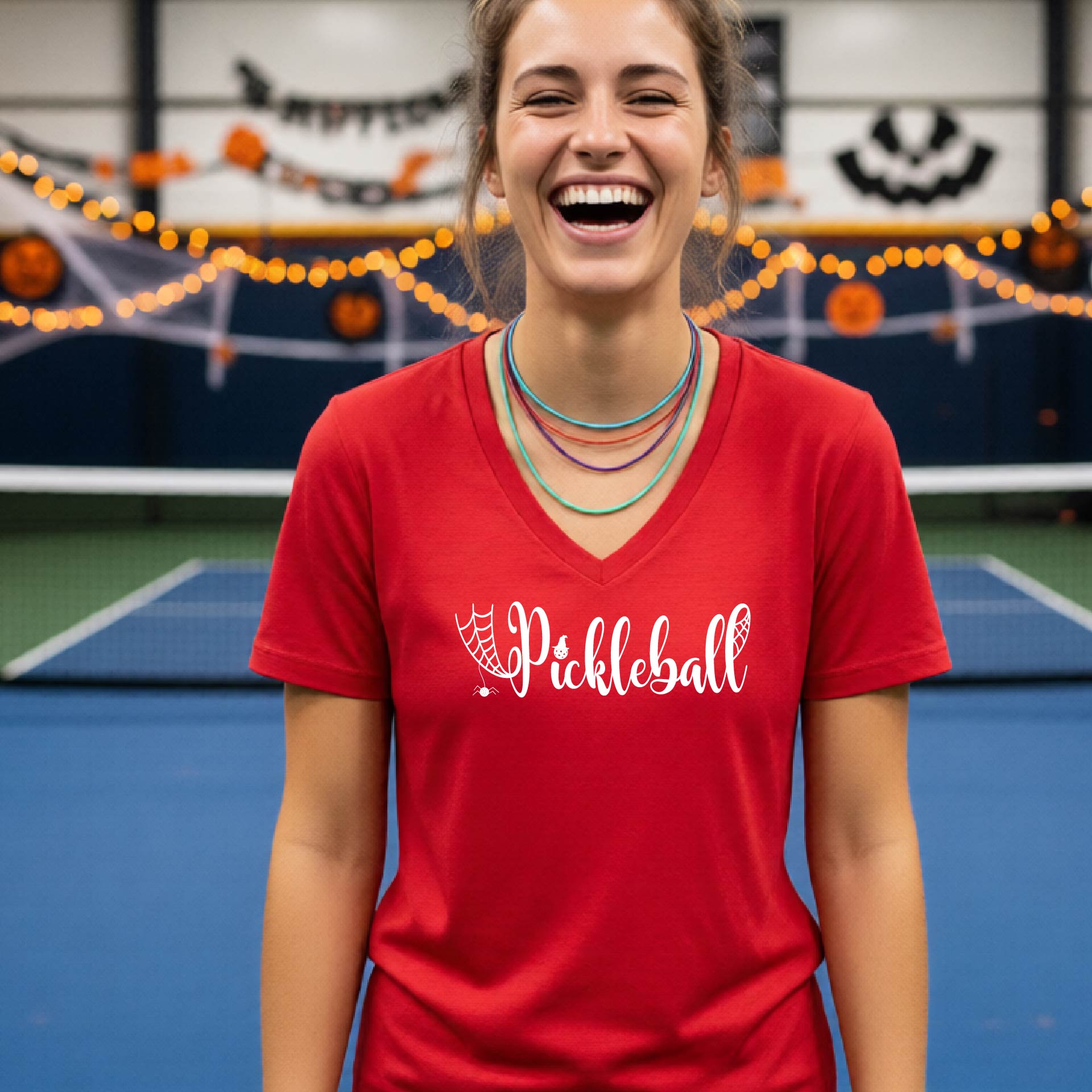 Halloween Womens Pickleball T-Shirt Funny Spooky Season Short-Sleeve V-Neck Shirt Pickleball Performance Gift Halloween Apparel