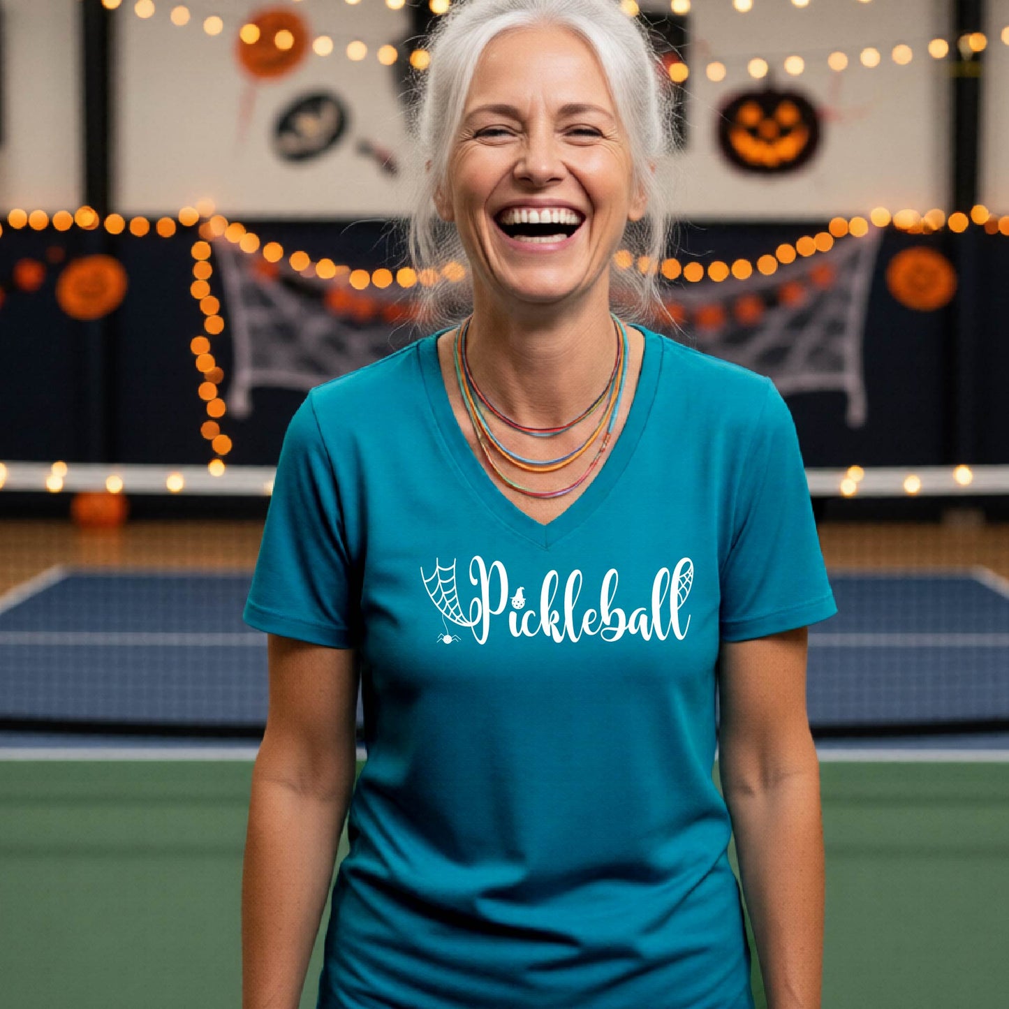 Halloween Womens Pickleball T-Shirt Funny Spooky Season Short-Sleeve V-Neck Shirt Pickleball Performance Gift Halloween Apparel