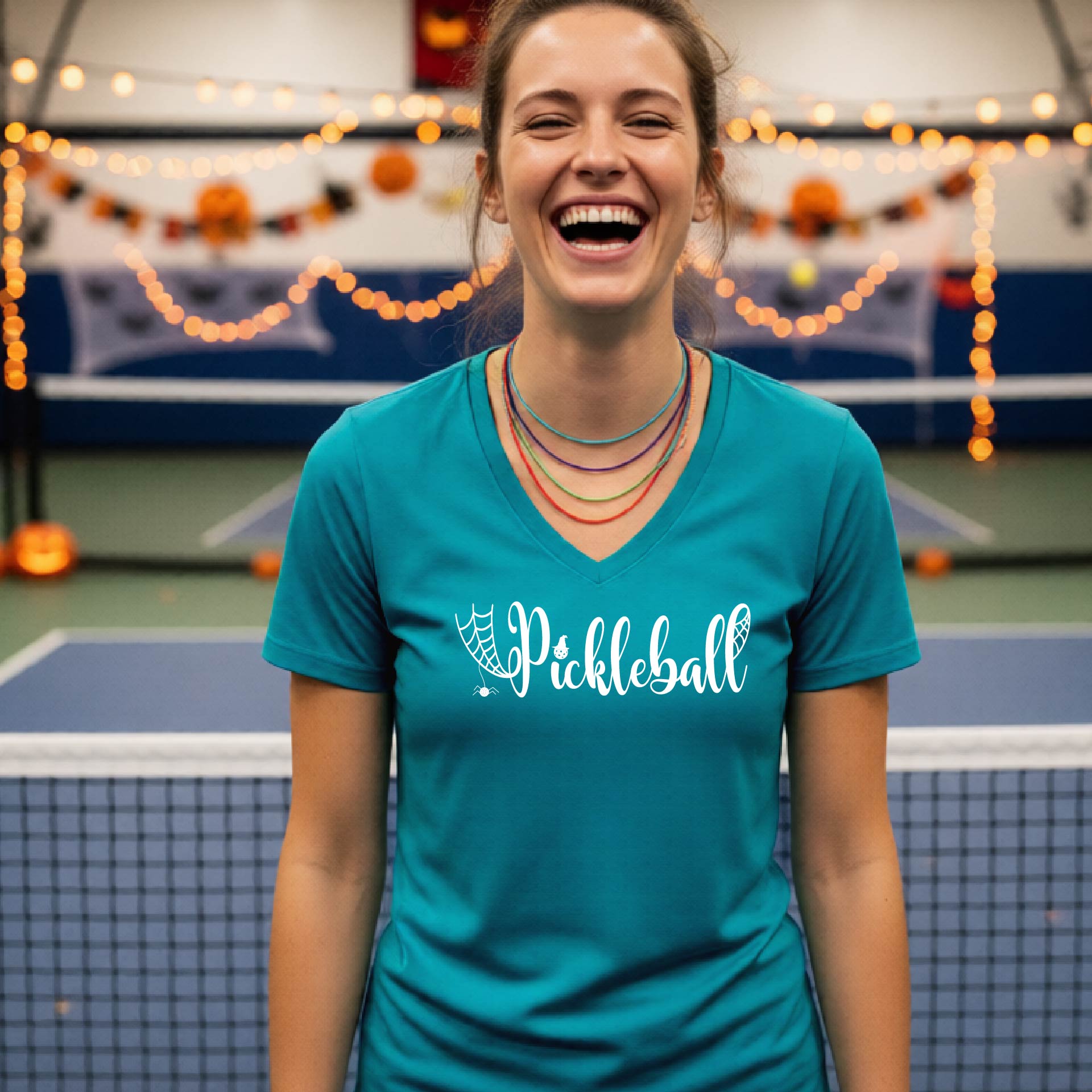 Halloween Womens Pickleball T-Shirt Funny Spooky Season Short-Sleeve V-Neck Shirt Pickleball Performance Gift Halloween Apparel