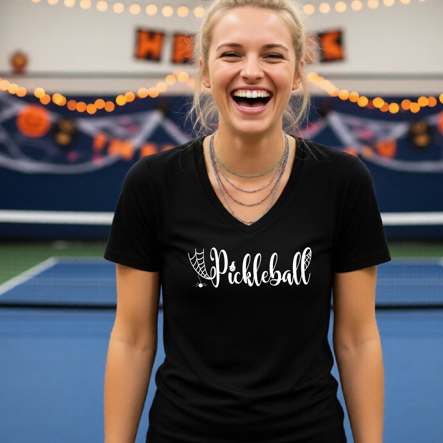 Halloween Womens Pickleball T-Shirt Funny Spooky Season Short-Sleeve V-Neck Shirt Pickleball Performance Gift Halloween Apparel