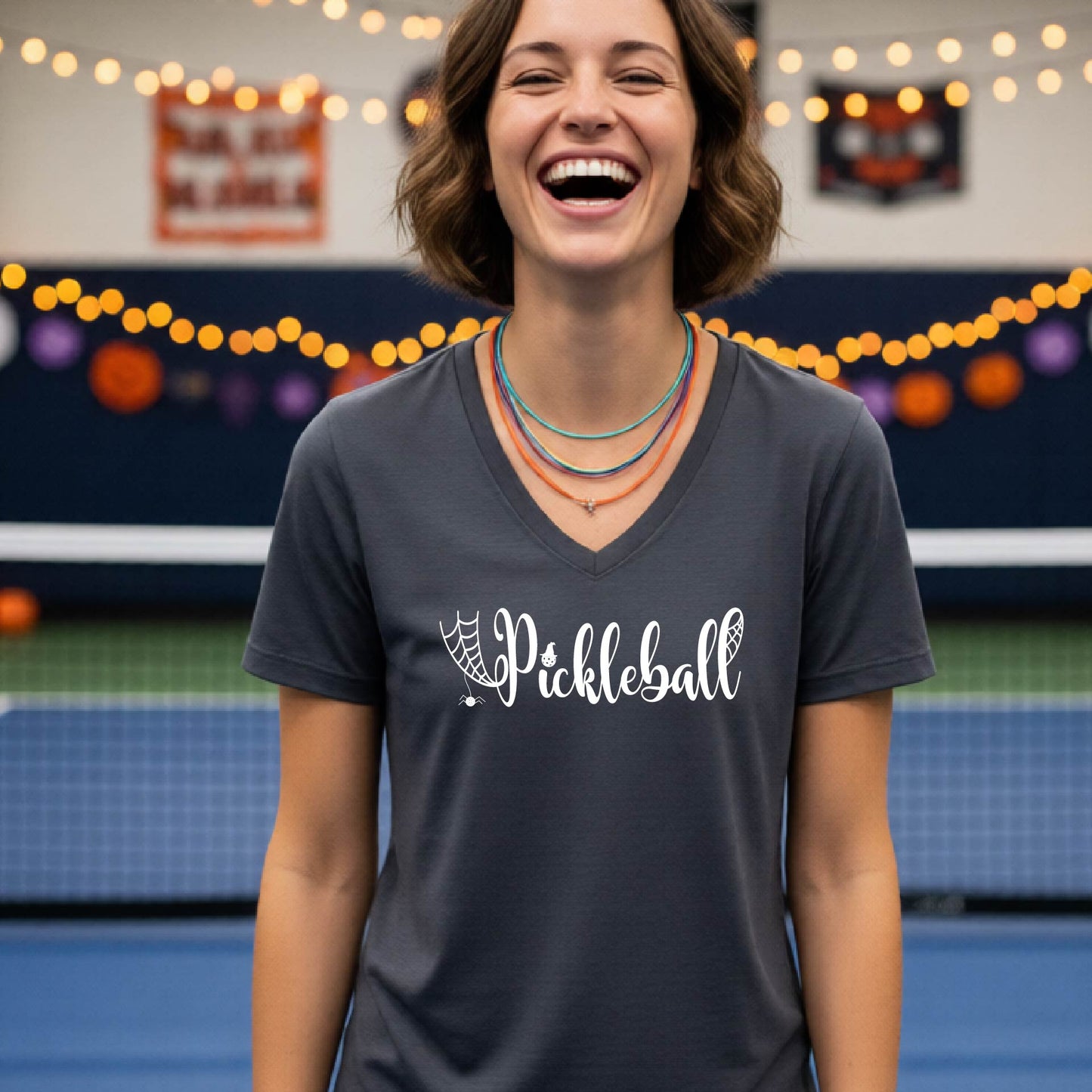 Halloween Womens Pickleball T-Shirt Funny Spooky Season Short-Sleeve V-Neck Shirt Pickleball Performance Gift Halloween Apparel