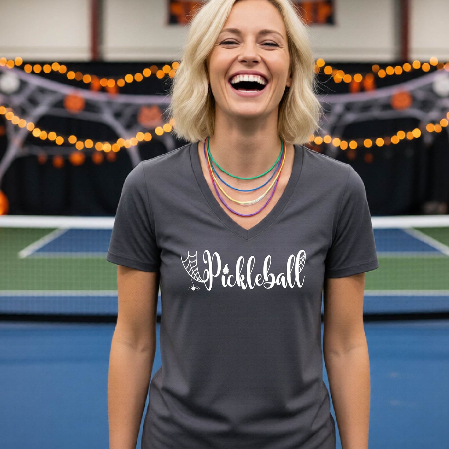 Halloween Womens Pickleball T-Shirt Funny Spooky Season Short-Sleeve V-Neck Shirt Pickleball Performance Gift Halloween Apparel