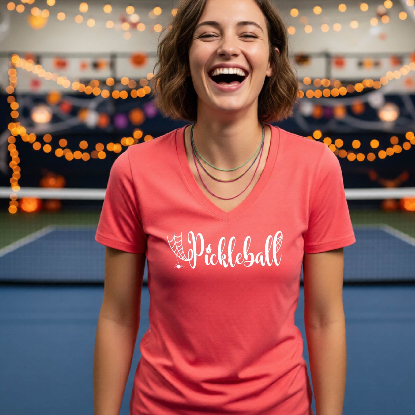 Halloween Womens Pickleball T-Shirt Funny Spooky Season Short-Sleeve V-Neck Shirt Pickleball Performance Gift Halloween Apparel
