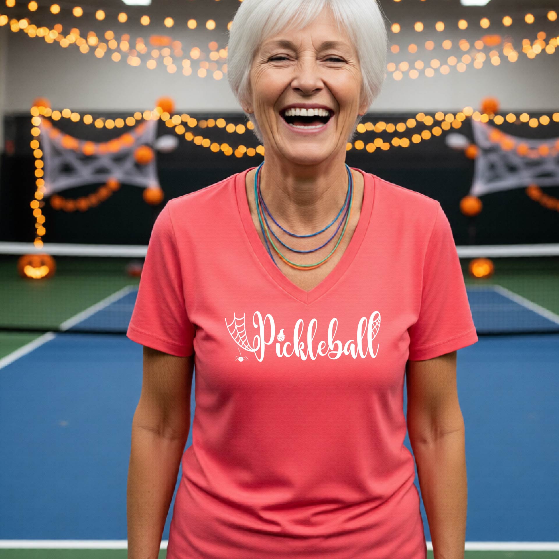 Halloween Womens Pickleball T-Shirt Funny Spooky Season Short-Sleeve V-Neck Shirt Pickleball Performance Gift Halloween Apparel