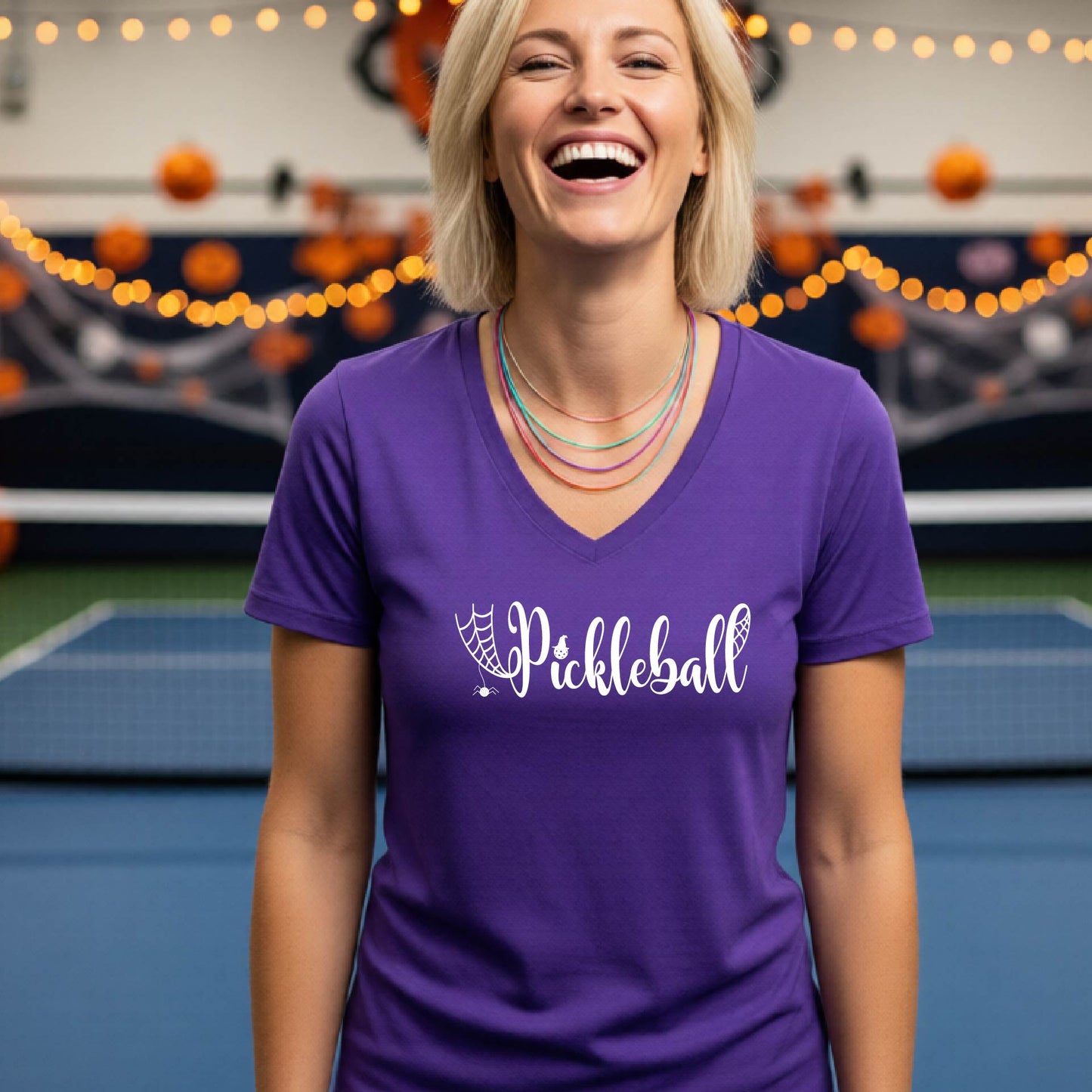 Halloween Womens Pickleball T-Shirt Funny Spooky Season Short-Sleeve V-Neck Shirt Pickleball Performance Gift Halloween Apparel