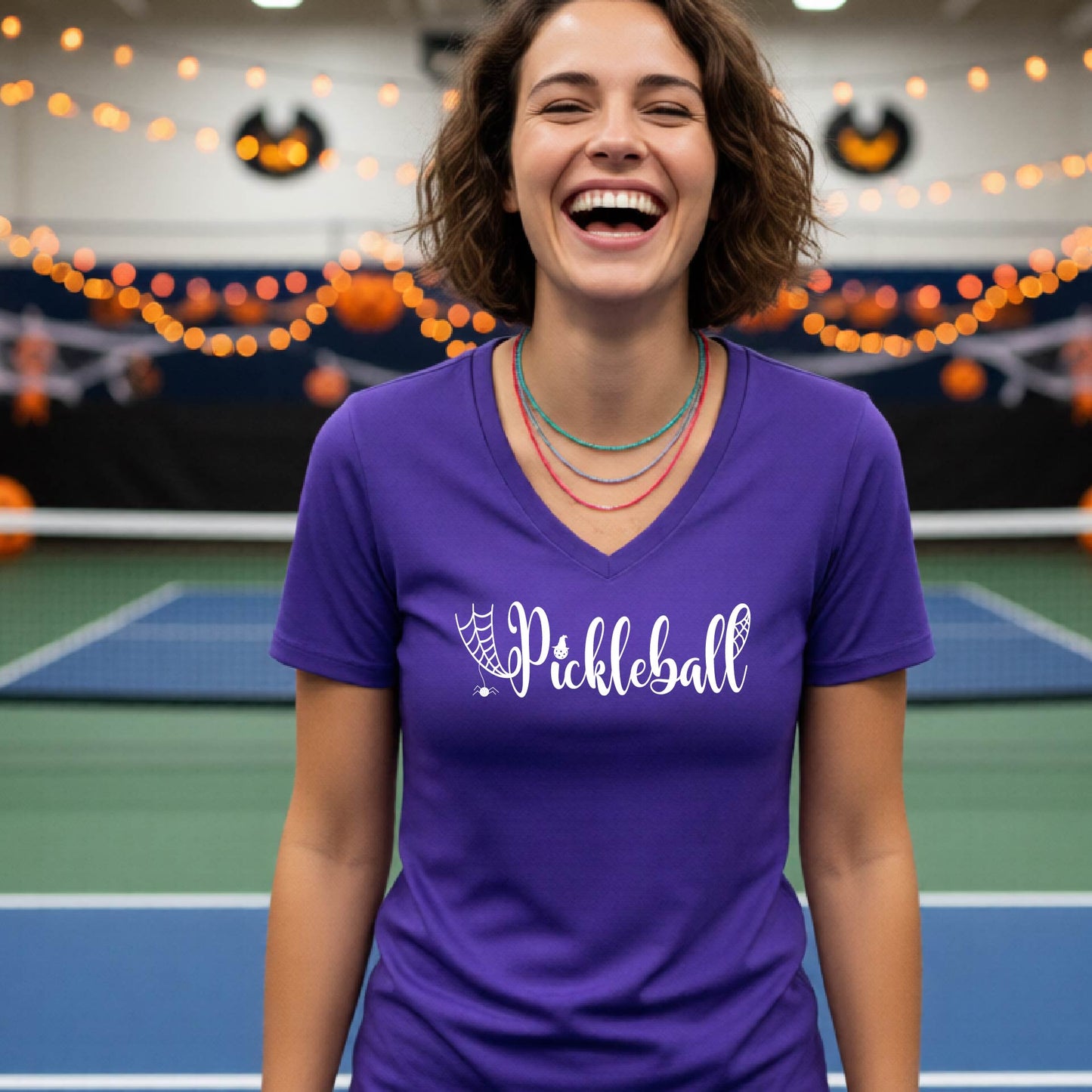 Halloween Womens Pickleball T-Shirt Funny Spooky Season Short-Sleeve V-Neck Shirt Pickleball Performance Gift Halloween Apparel