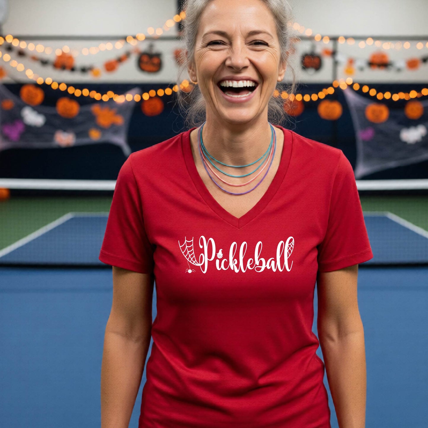Halloween Womens Pickleball T-Shirt Funny Spooky Season Short-Sleeve V-Neck Shirt Pickleball Performance Gift Halloween Apparel