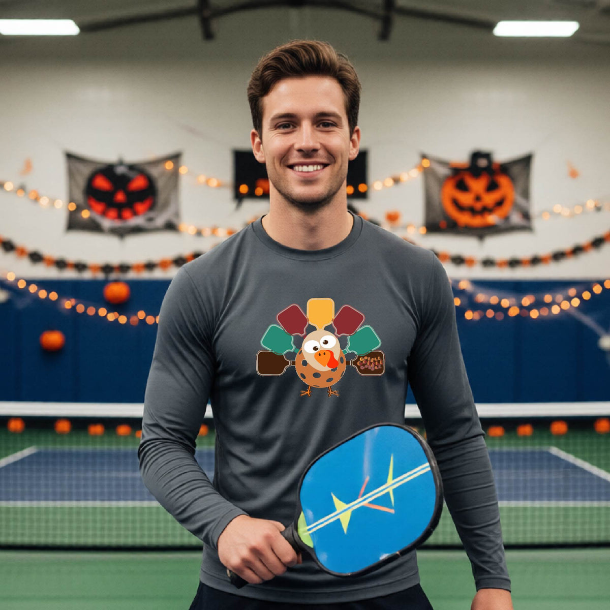 Mens Funny Thanksgiving Pickleball Shirt Holiday Pickleball T-Shirt Moisture-Wicking Gift for Pickleball Long-Sleeve