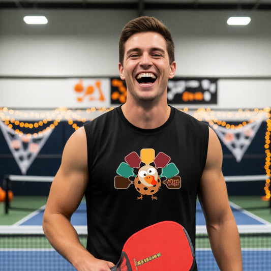 A man standing on a pickleball court smiling and wearing a black sleeveless t-shirt with a pickleball turkey graphic made of pickleblal paddles. 