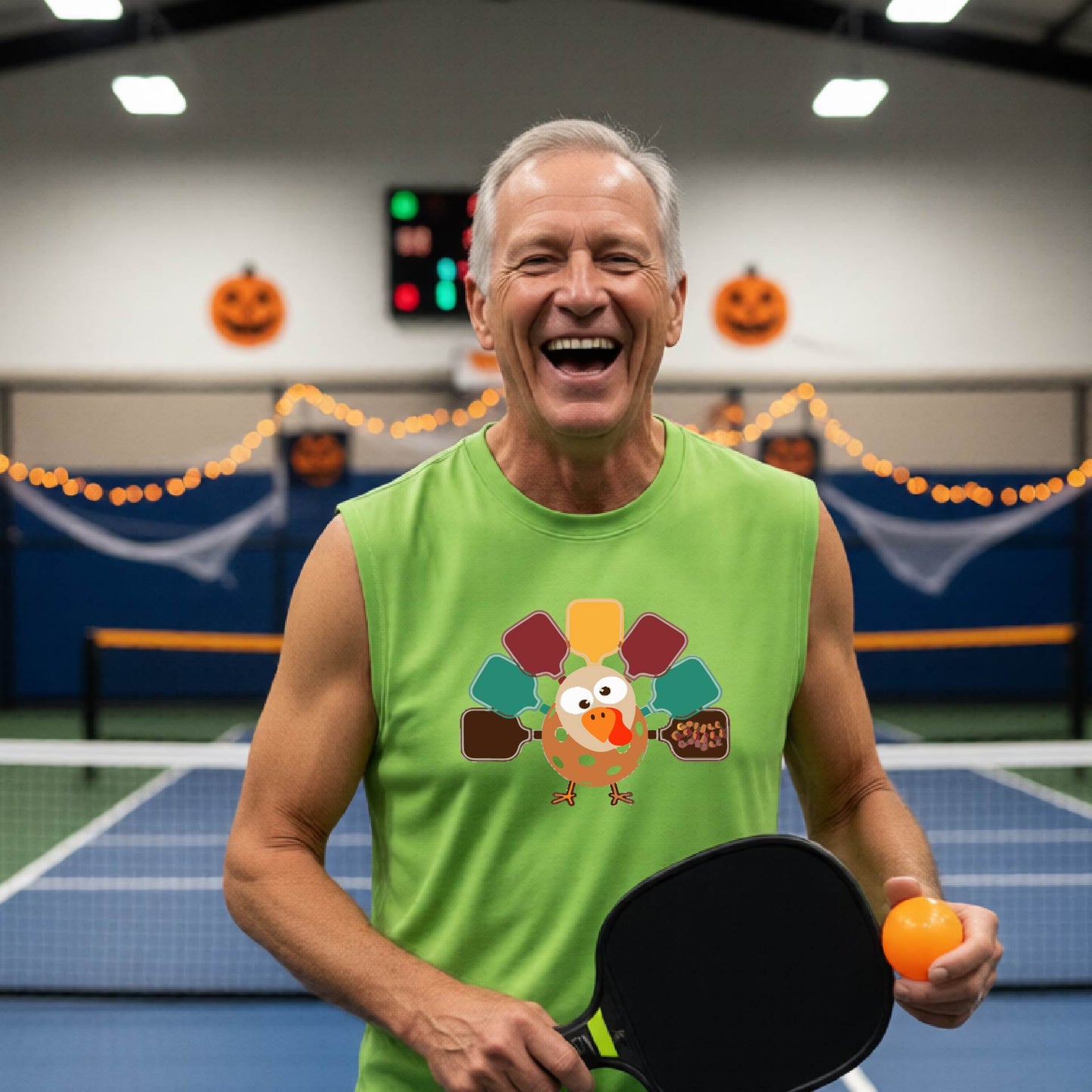 A man standing on a pickleball court smiling and wearing a lime green sleeveless t-shirt with a pickleball turkey graphic made of pickleblal paddles. 