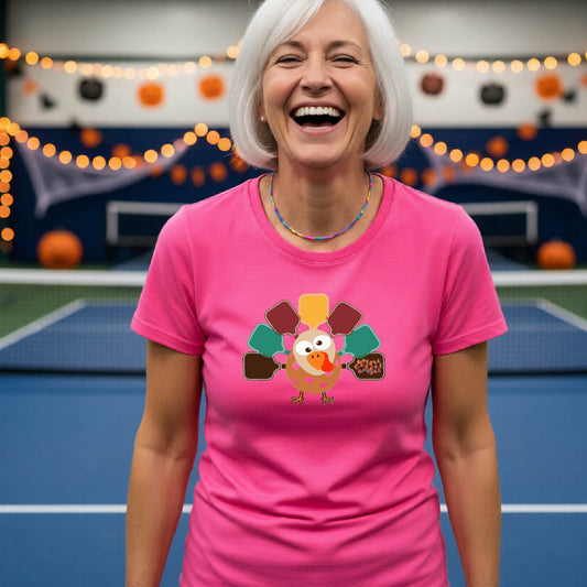 A smiling woman stands on a blue indoor court wearing a bright pink T-shirt with a colorful pickleball turkey graphic made from pickleball paddles. The background shows blurred Halloween decorations, string lights and pumpkins.