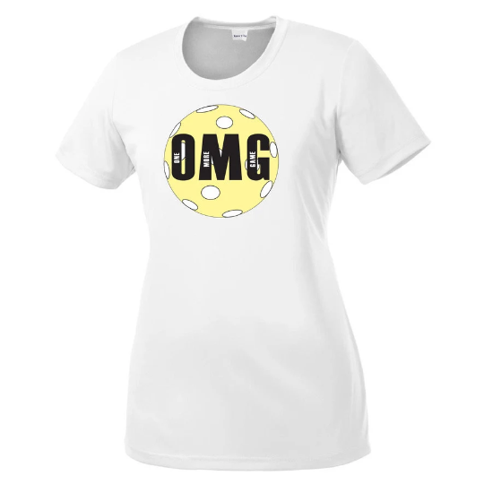 Pickleball Design: OMG (One More Game) - Women's Short Sleeve Shirts for Pickleball  Super fun pickleball shirt for women to wear when they are dominating on the courts!!  Lightweight, roomy and highly breathable, these moisture-wicking, value-priced tees feature PosiCharge technology to lock in color and prevent logos from fading.  Gently contoured silhouette.  Removable tag for comfort.