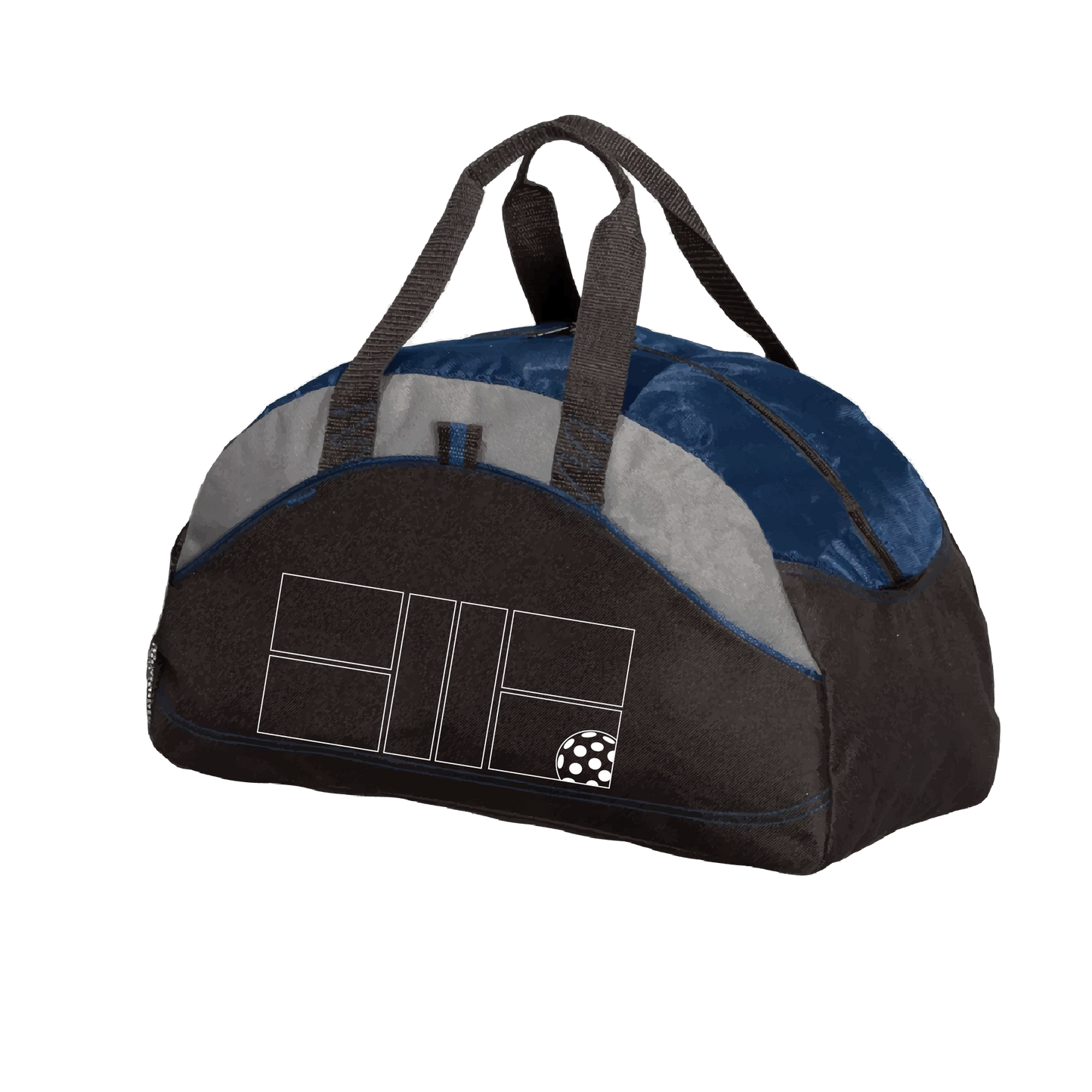 Pickleball Duffel Bag Design: Pickleball Court with Pickleball  Carry your gear in comfort and style. This fun pickleball duffel bag is the perfect accessory for all pickleball players needing to keep their gear in one place. This medium sized duffel tote is ideal for all your pickleball activities. The large center compartment allows for plenty of space and the mesh end pocket is perfect for holding a water bottle. 