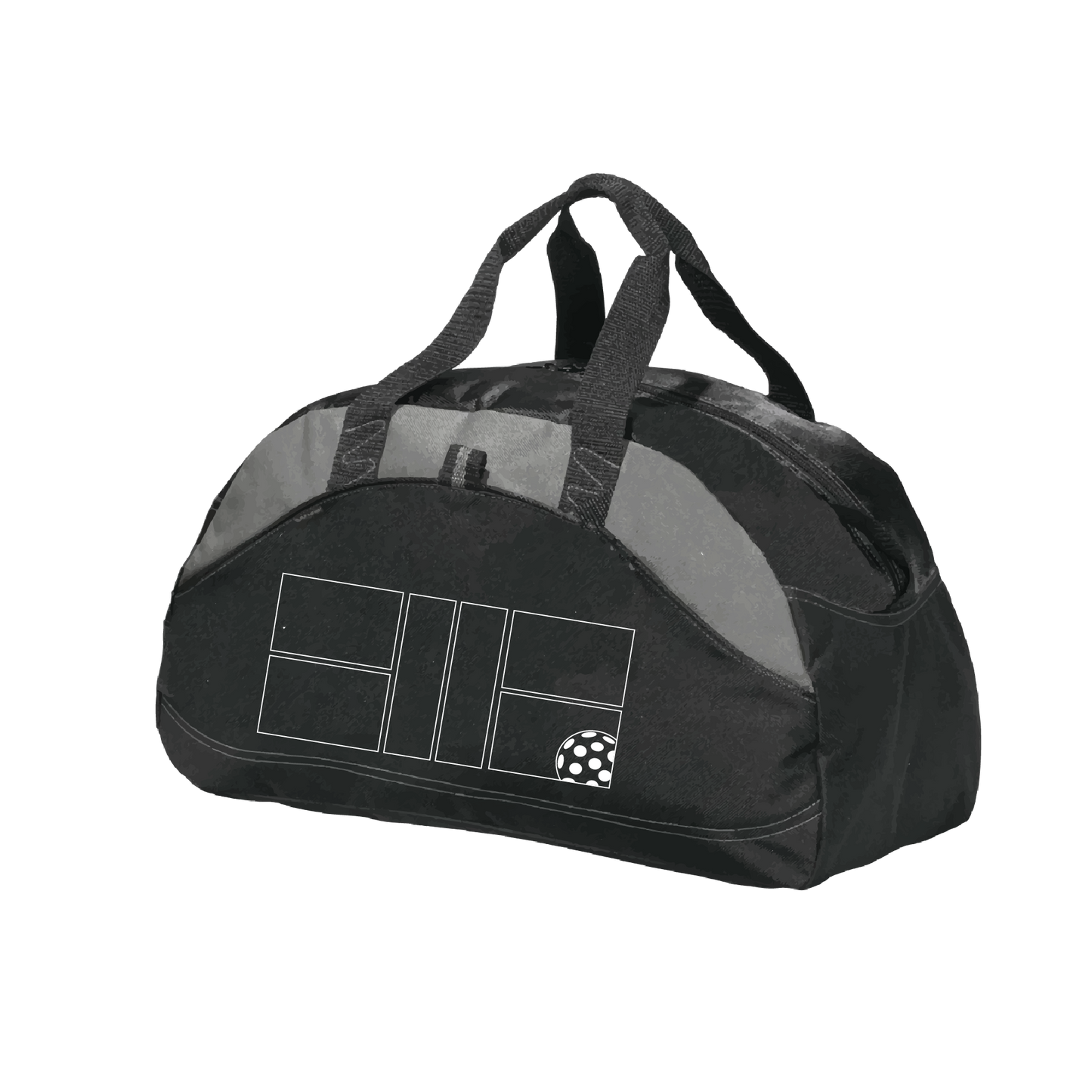 Pickleball Duffel Bag Design: Pickleball Court with Pickleball  Carry your gear in comfort and style. This fun pickleball duffel bag is the perfect accessory for all pickleball players needing to keep their gear in one place. This medium sized duffel tote is ideal for all your pickleball activities. The large center compartment allows for plenty of space and the mesh end pocket is perfect for holding a water bottle. 